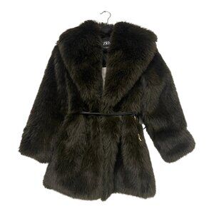 Zara Womens Faux Fur Coat XS Brown Belted Oversized Big collar 6318/023 NWT